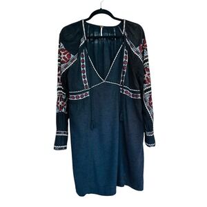 Free People All My Life Embroidered Mini Tunic Black‎ Dress V Neck Size M Boho